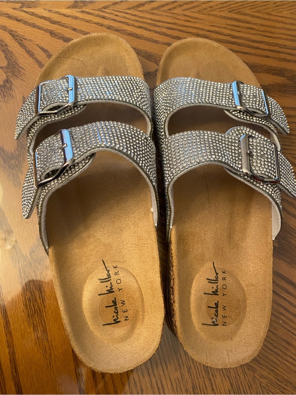 Nicole Miller Silver Rhinestone Double-Buckle Slide Sandals